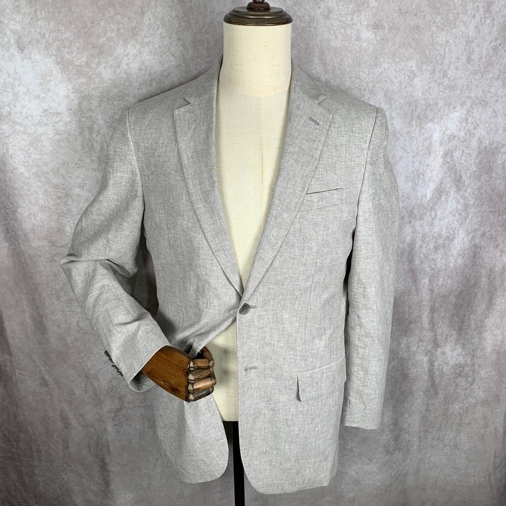 Jos A Bank Linen Blazer Jacket Men 39R Gray Slim Fit Separates Unlined